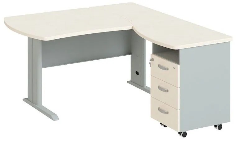 Rohový písací stôl BERN s kontajnerom - dĺžka 2000 mm, kovová podnož, breza