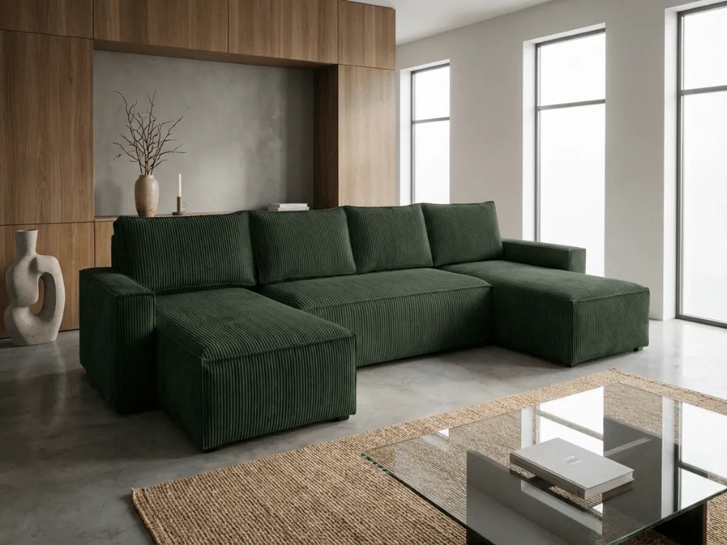 AKCIA Tmavozelená sedacia súprava do U SMART COSARO 295x140 cm II. akosť