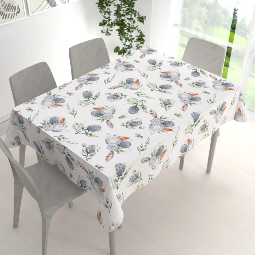 Biante Bavlnený obdĺžnikový obrus Sandra SA-707 Modré kvety Protea na bielom 100x160 cm