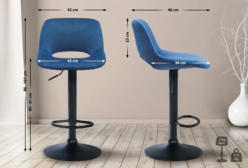 2x Barová stolička Camden - zamat, čierny rám - Modrá