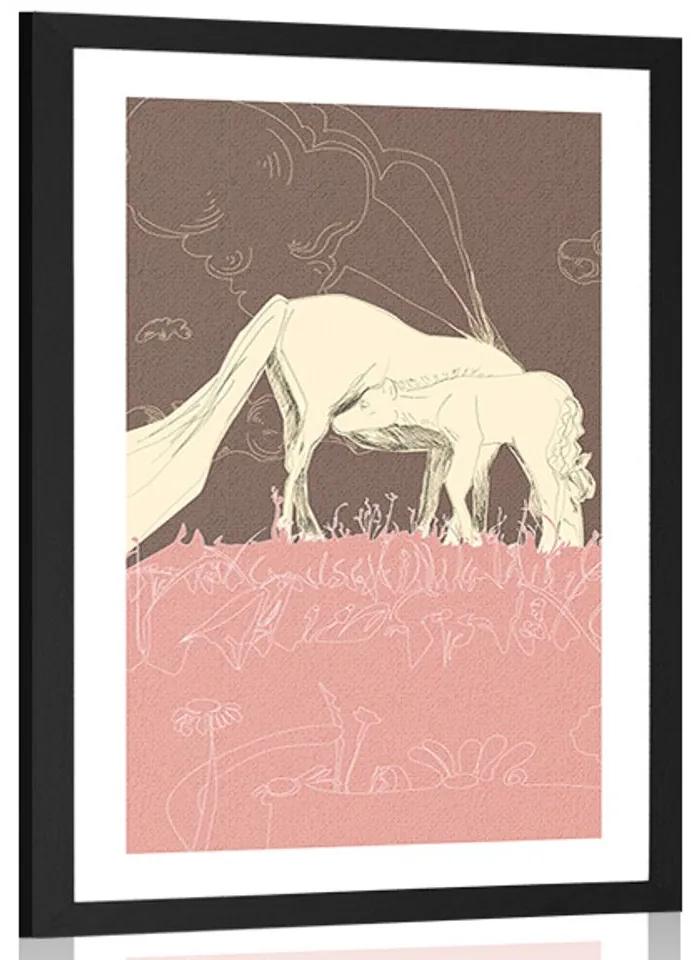 Plagát s paspartou kôň na ružovej lúke - 30x45 silver