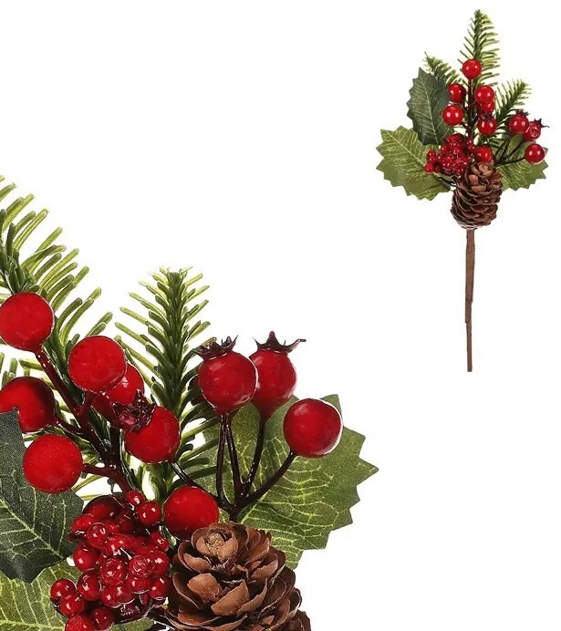 Set vetvičiek so šiškami a bobuľami, 3 ks, červená, 24 cm