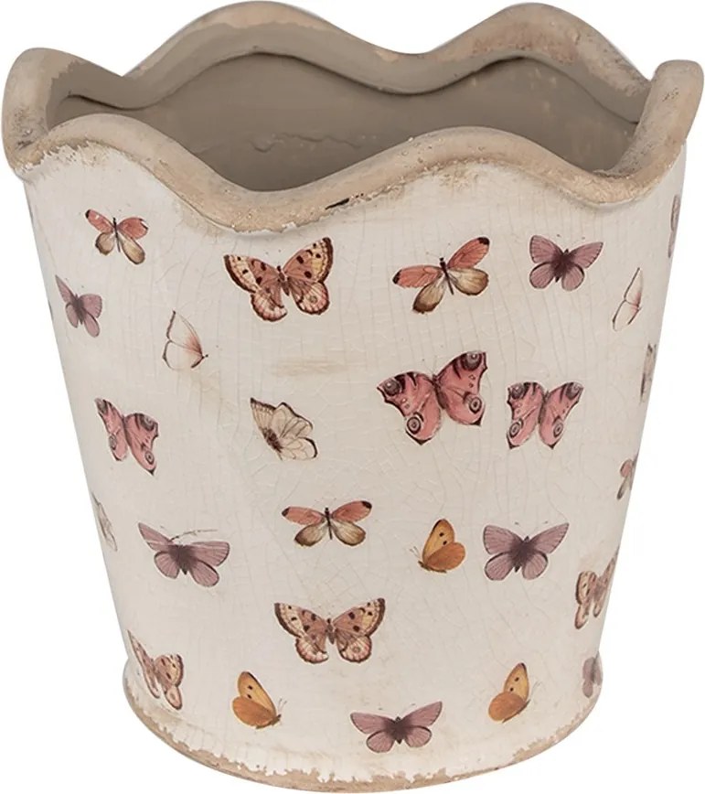 Béžový antik obal na kvetináč s motýlikmi Butterfly Paradise L - Ø 19*18 cm