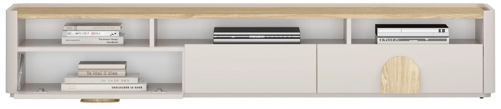 TV stolík Amilio 200 cm so zásuvkami - kašmír / olejovaný dub / úchytky svetlý dub