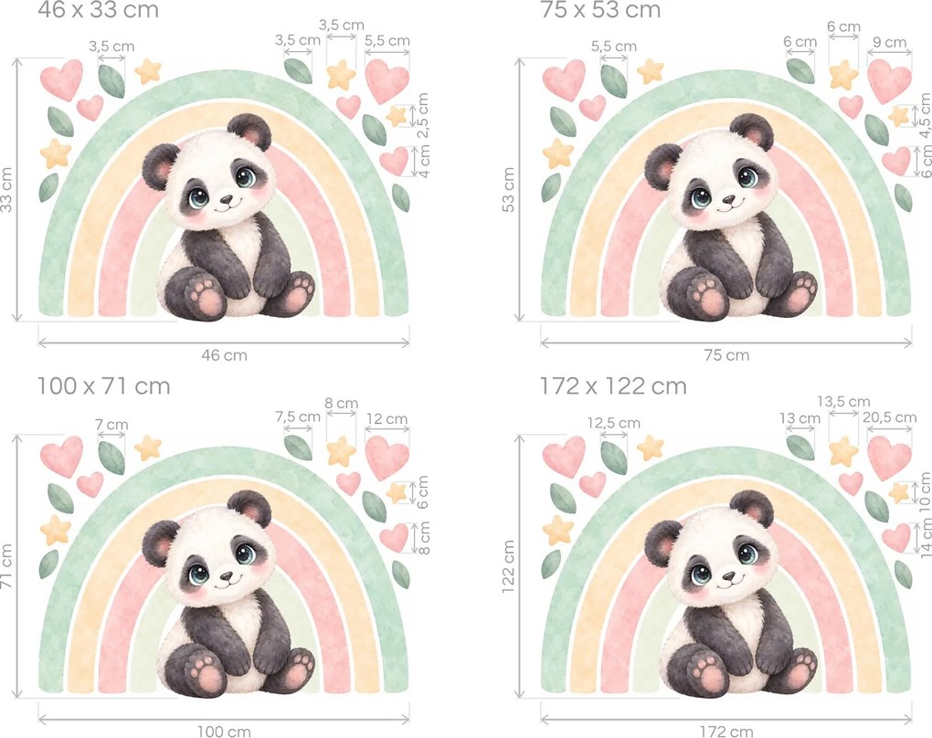 Panda pod dúhou mätové textilné nálepky na stenu pre dievčatá arch 46 x 33 cm