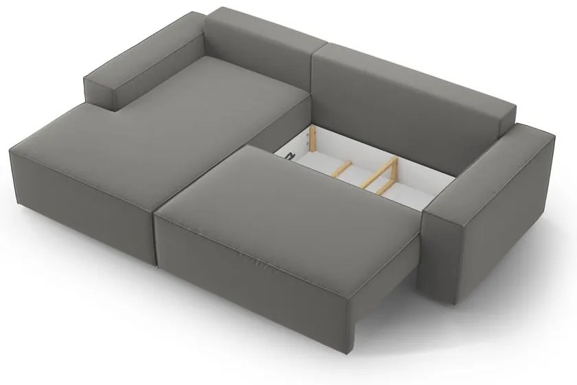 Svetlosivá zamatová rozkladacia/s úložným priestorom rohová pohovka (ľavý roh/s leňoškou) Jodie – Micadoni