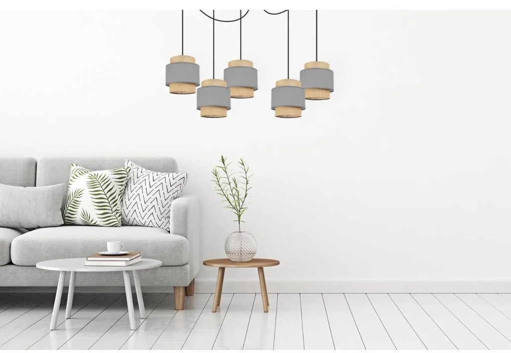 Závesné svietidlo Boho Spider, 5x jutové/sivé textilné tienidlo