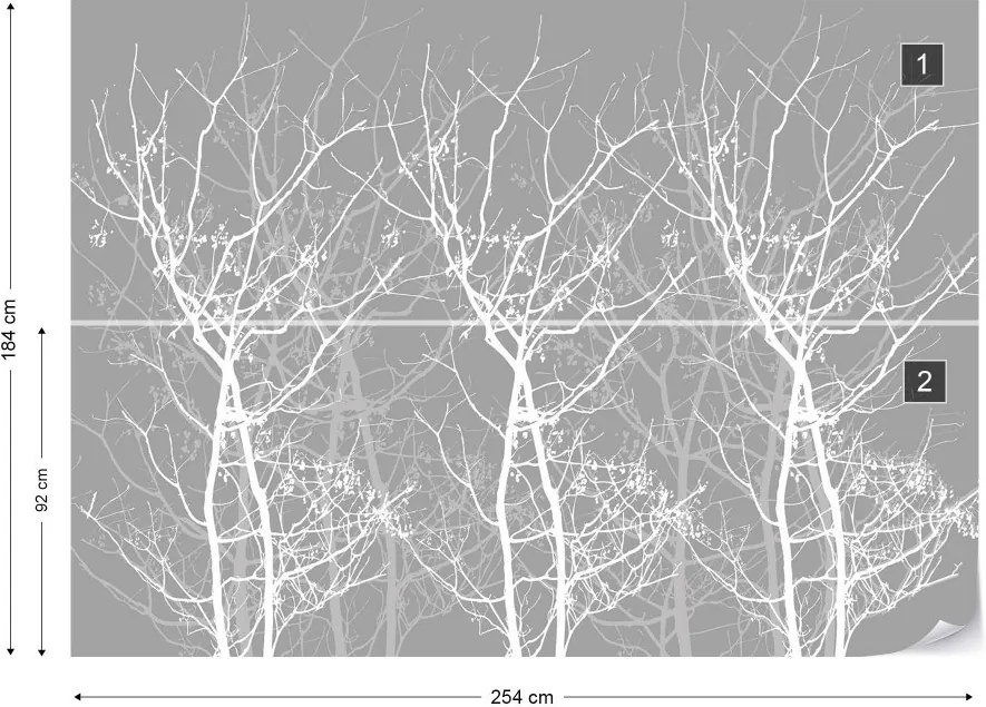GLIX Fototapeta - Silhouette Tree And Birds Grey And White Vliesová tapeta  - 254x184 cm