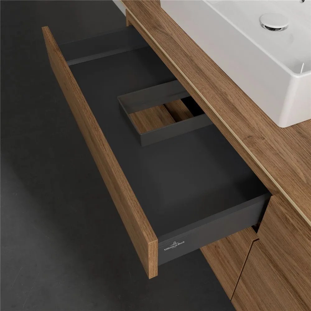 VILLEROY &amp; BOCH Legato závesná skrinka pod dve umývadlá na dosku, 4 zásuvky, 1600 x 500 x 550 mm, Oak Kansas, B67700RH