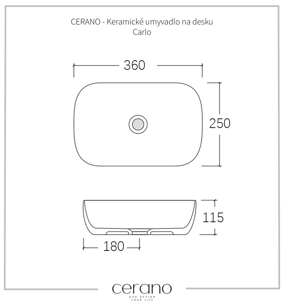Cerano Carlo, keramické umývadlo na dosku 36x25 cm, biela lesklá, CER-CER-476996