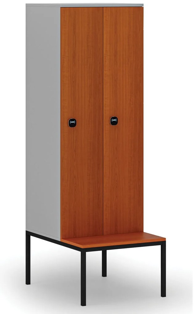 Drevená šatníková skrinka s lavičkou, 2 oddiely, 1871 x 600 x 500/800 mm, demont, RFID zámok, sivá/čerešňa