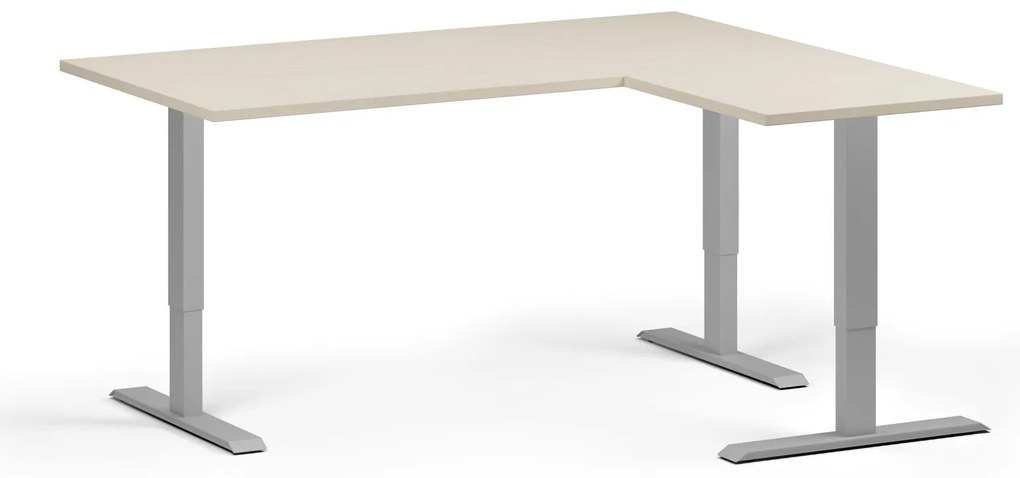 Výškovo nastaviteľný stôl, 160x140 cm, 3 motory, L/P, sivá podnož, breza