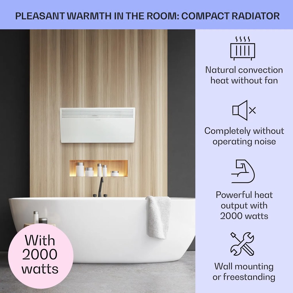 Klarstein Hot Spot Slimcurve, konvektor, ohrievač, 80 x 40 cm, 40 m², 2000 W, 5 - 40 °C, IP24, biely