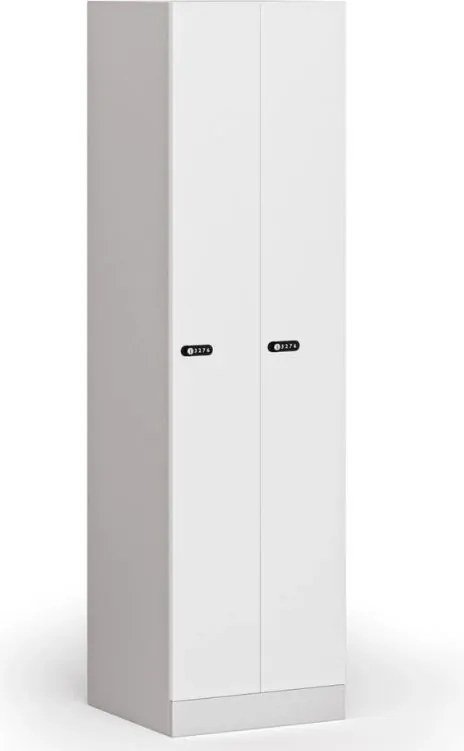 Kovová šatníková skrinka S1 zúžená, 2 oddiely, 1850 x 500 x 500 mm, mechanický kódový zámok, laminované dvere, biela