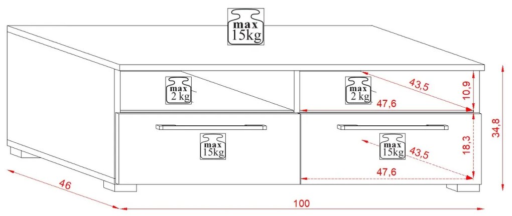 TV stolík Bonn s LED osvetlením 100 cm čierny mat/čierny lesk