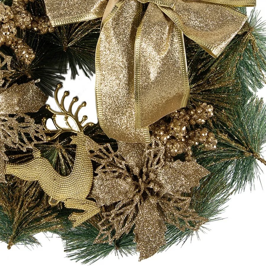 Zeleno-zlatý vianočný veniec s mašľou a jeleňom Christmas Deer - Ø 30*7 cm
