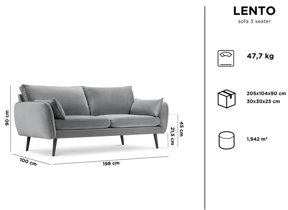 Petrolejovomodrá zamatová pohovka s čiernymi nohami Kooko Home Lento, 198 cm