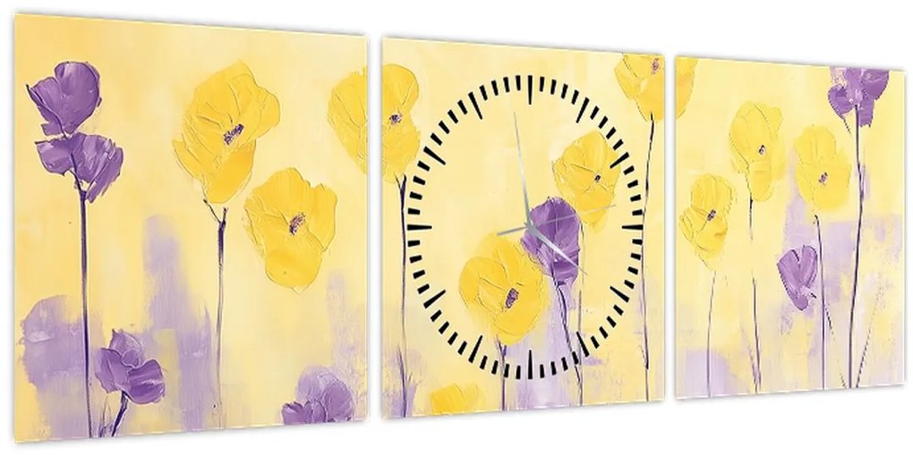Obraz - Fialové a žlté kvietky (s hodinami) (90x30 cm)