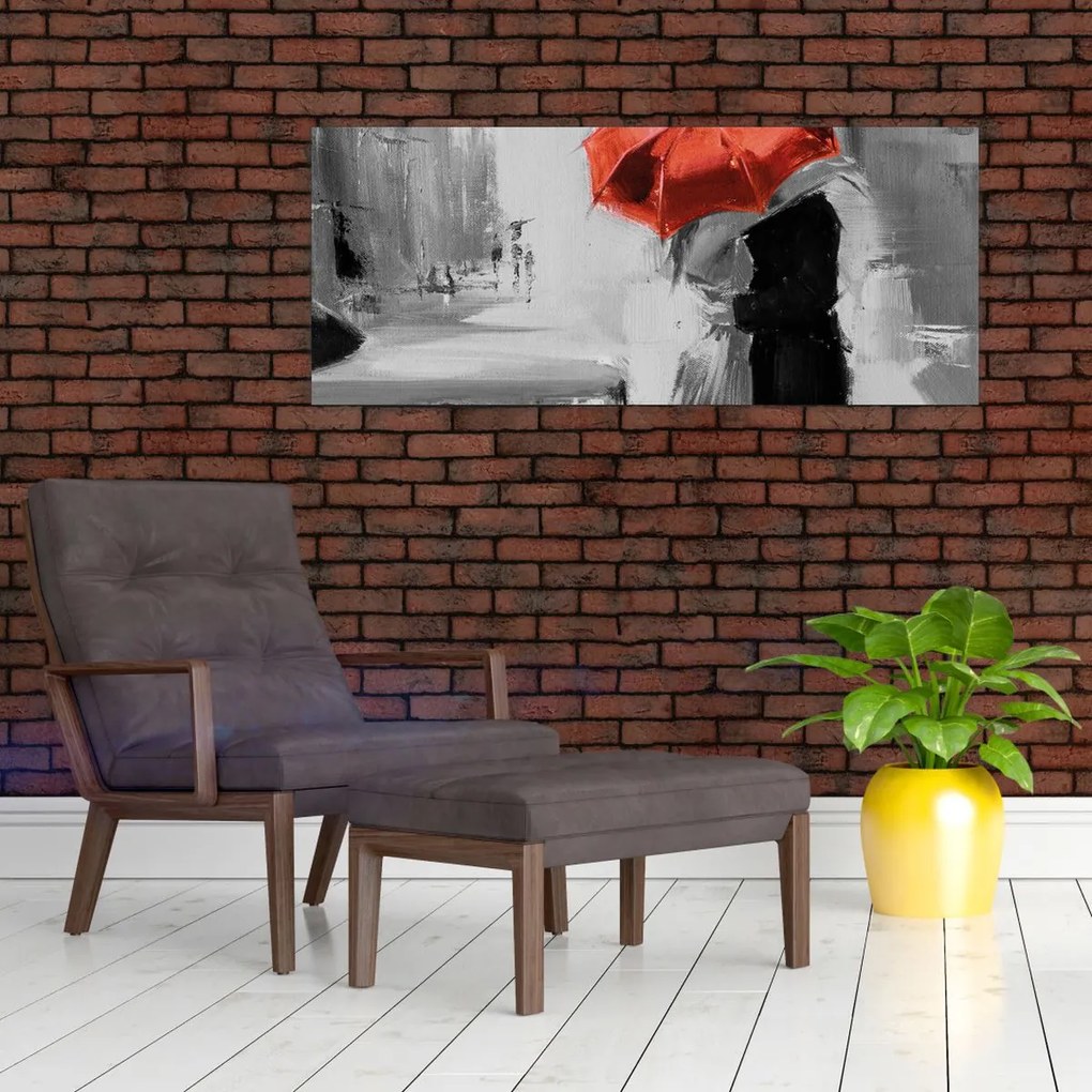 Obraz - Zamilovaný pár pod dáždnikom, červený (120x50 cm)
