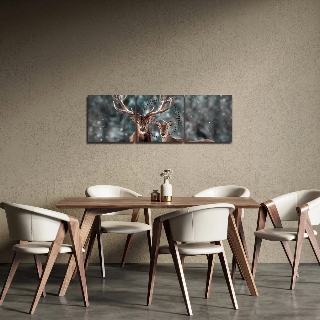 Obraz - Jeleň a laň v zasneženom lese (s hodinami) (90x30 cm)