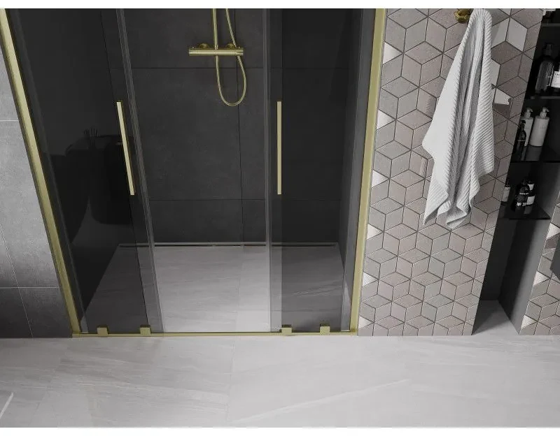 Mexen Velar Duo, posuvné sprchové dvere do otvoru 140 cm, 8mm šedé sklo, zlatá matná, 871-140-000-42-55