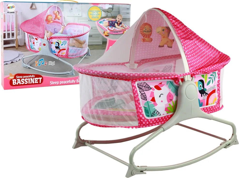 LEAN Toys Multifunkčná detská postieľka 2v1 Detská podložka Zvuky Vibrácie Ružová