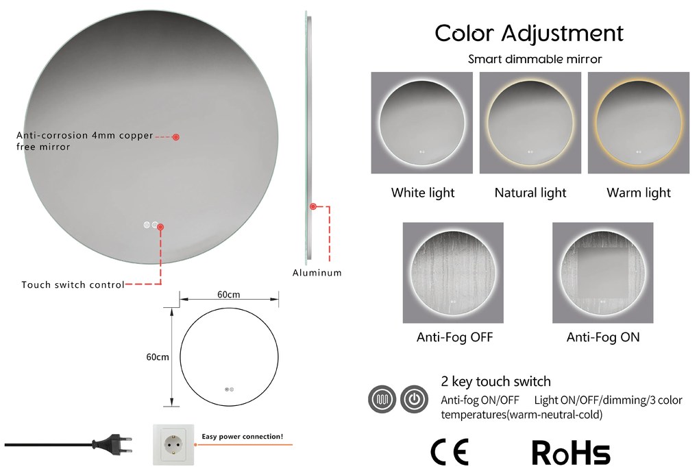 Erga Sofia, okrúhle LED zrkadlo 60cm, 1380 lm, 3 farby svetla, ERG-V01-207-6060