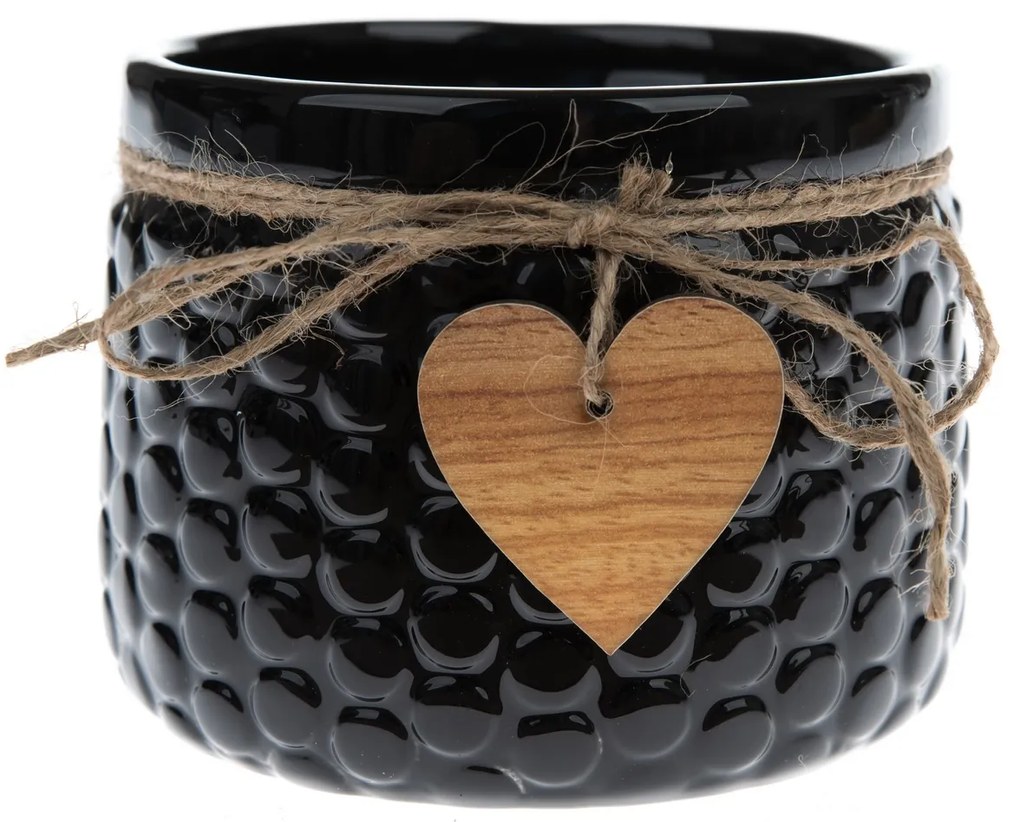 Keramický obal na kvetináč Wood heart čierna, 8 x 11 cm