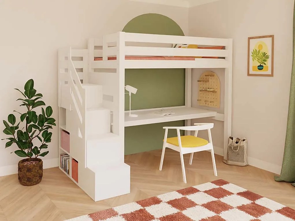 Vyvýšená posteľ MAKALU s úložnými schodmi a písacím stolom 90x200 cm