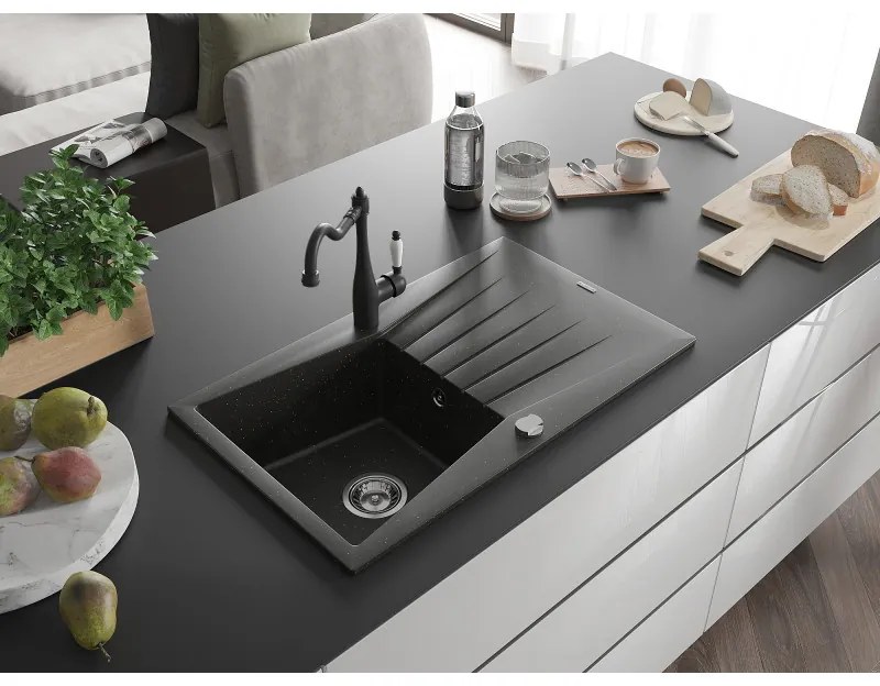 Mexen Cesar, 1-komorový granitový drez 775x470x190 mm a drezová batéria Carla, čierna-zlatá metalíza, 6514-75-670700-70