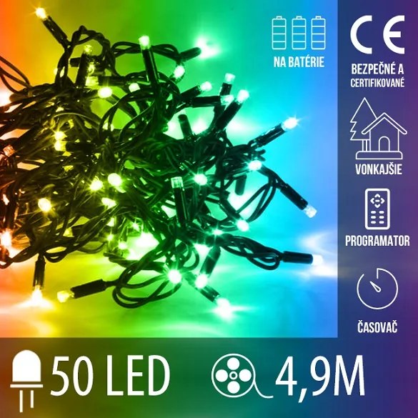 Vianočná led svetelná reťaz vonkajšia na batérie s časovačom + programator - 50led - 4,90m Multicolour