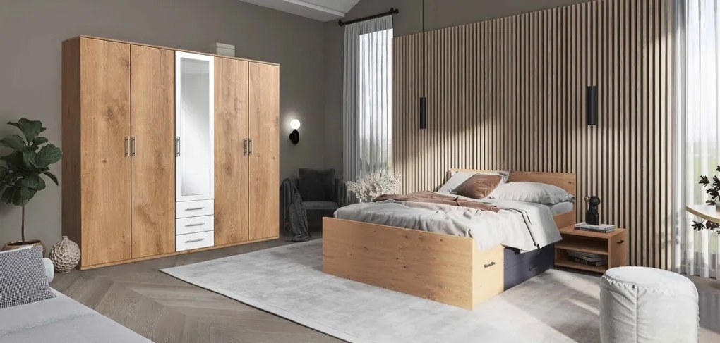 Šatníková skriňa Ben, 225 cm, doskový dub/biela