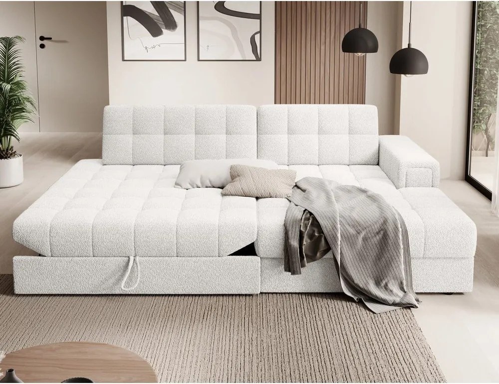 Krémovobiela rozkladacia rohová pohovka z textílie buklé (pravý roh/s leňoškou) Blezalt – ELTAP