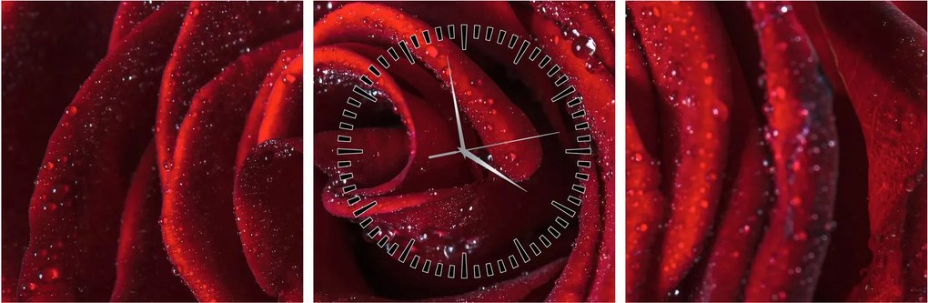 Obraz - Červená ruža s kvapkami rosy (s hodinami) (90x30 cm)