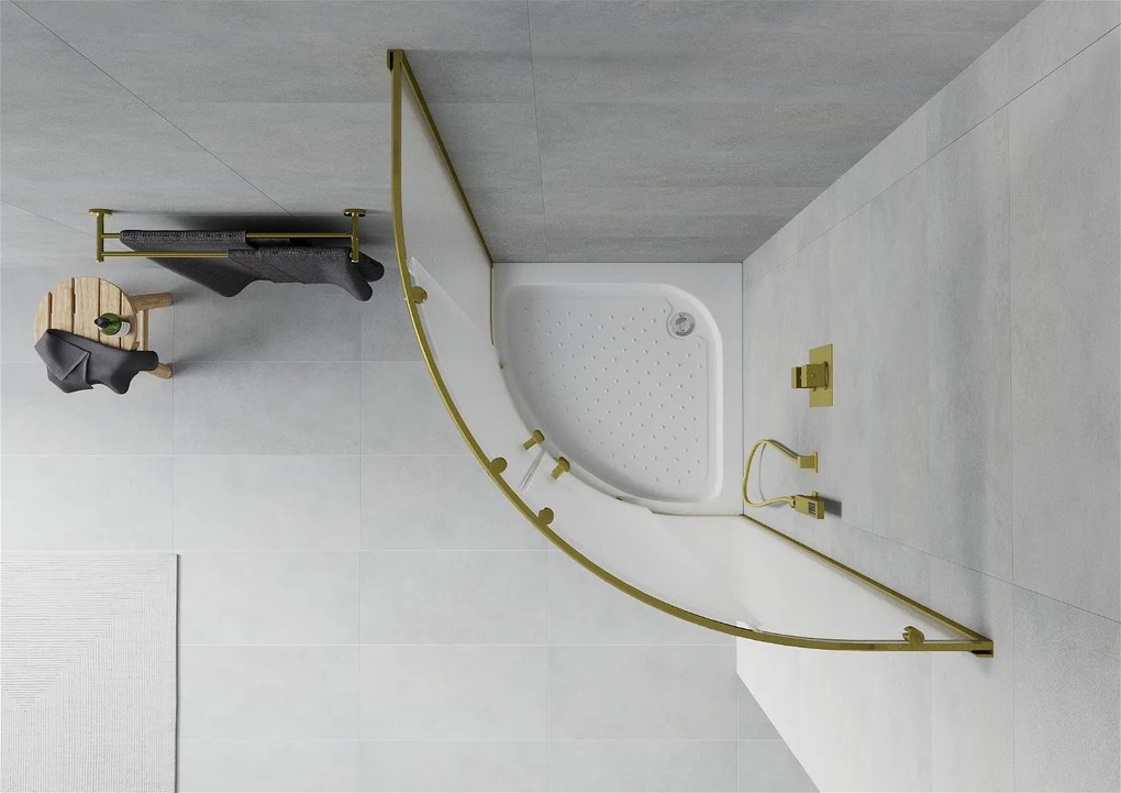 Mexen Rio, štvrťkruhový sprchovací kút 90(dvere)x90(dvere)x190 cm, 5mm sklo námraza, zlatý profil + biela sprchová vanička RIO, 863-090-090-50-30-4710