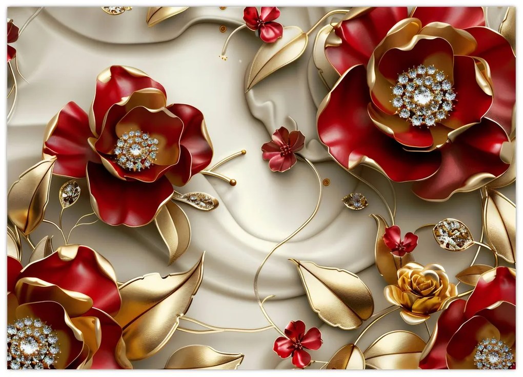 Obraz - 3D Červeno-zlaté kvety (70x50 cm)