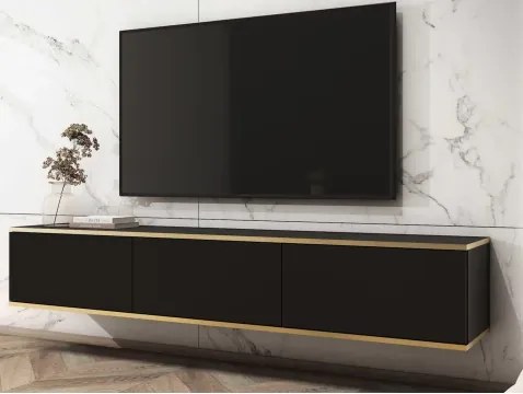 Závesná TV skrinka Orfeo, 175 cm, čierna / zlatá%