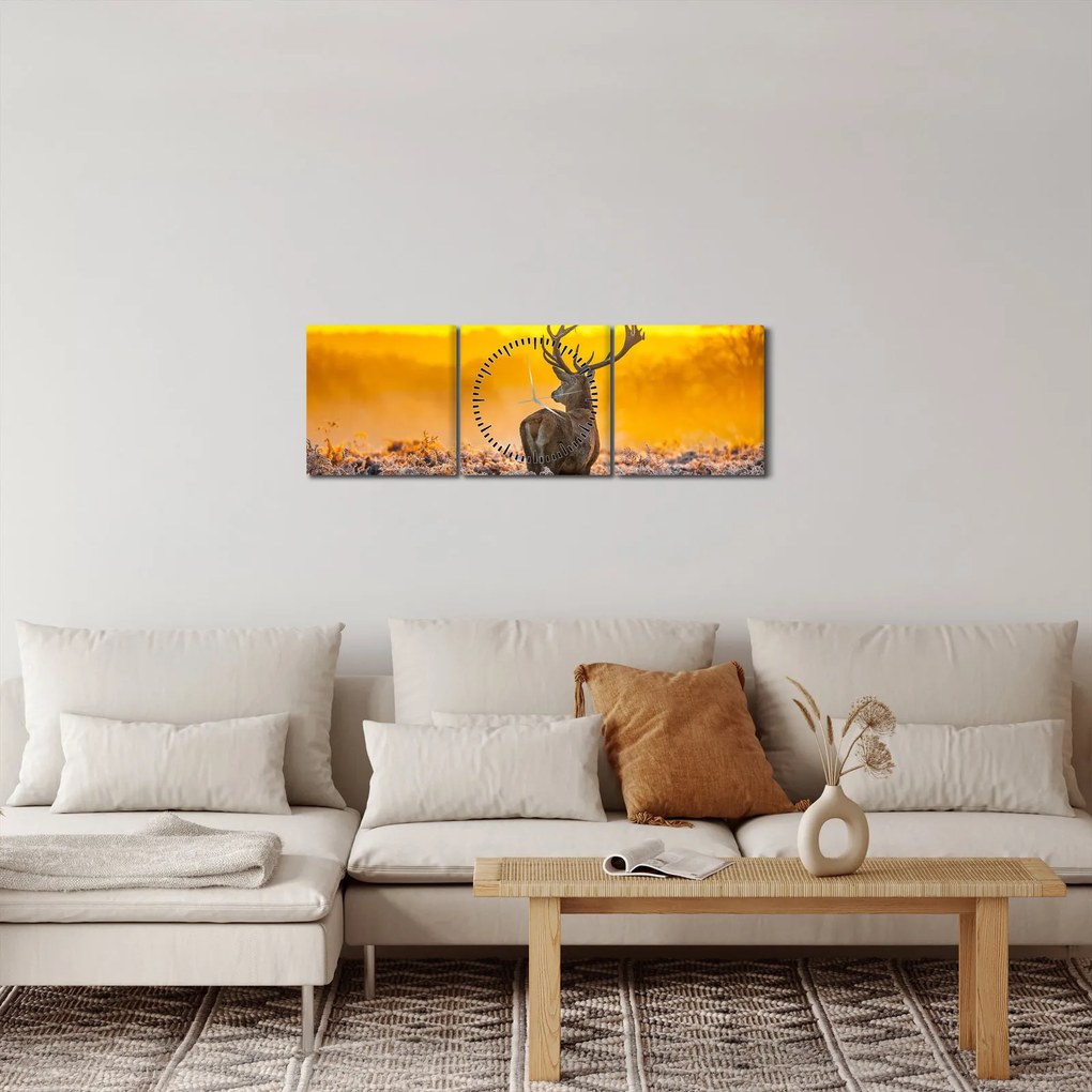 Obraz - Jeleň pri východe slnka (s hodinami) (90x30 cm)