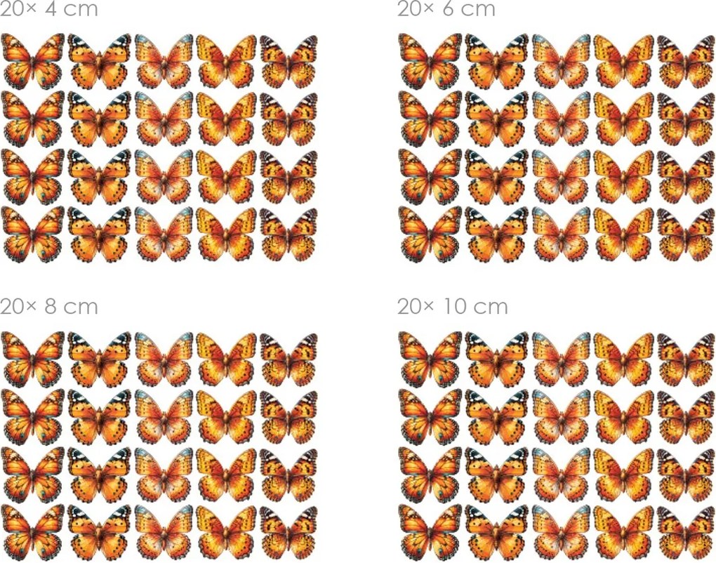 Motýliky na stenu oranžová 20 ks textilní prelepiteľná samolepiaca dekorácia na stenu 20 ks šírka 6 cm