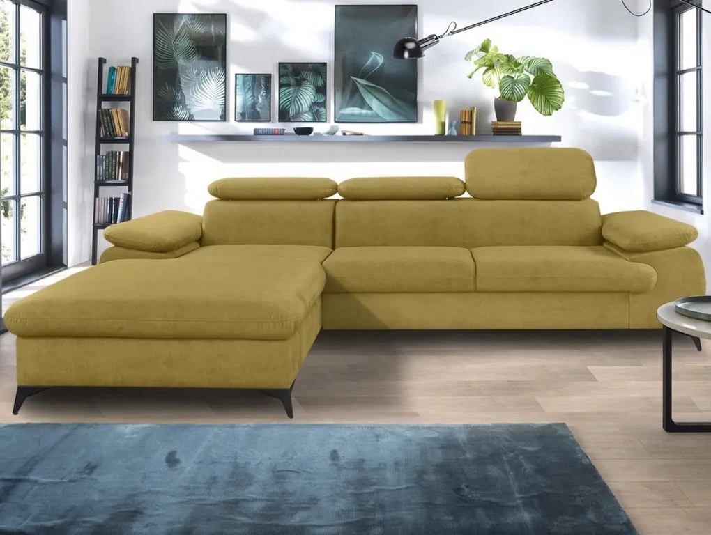 Rohová sedacia súprava Scala, kurkumovo žltá látka, ľavý roh