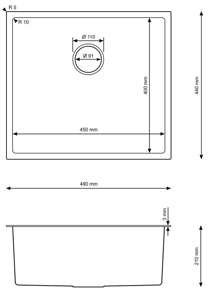 Erga HD, 1-komorový oceľový drez 490x440x210 mm, oceľová, ERG-MLS-HD4944