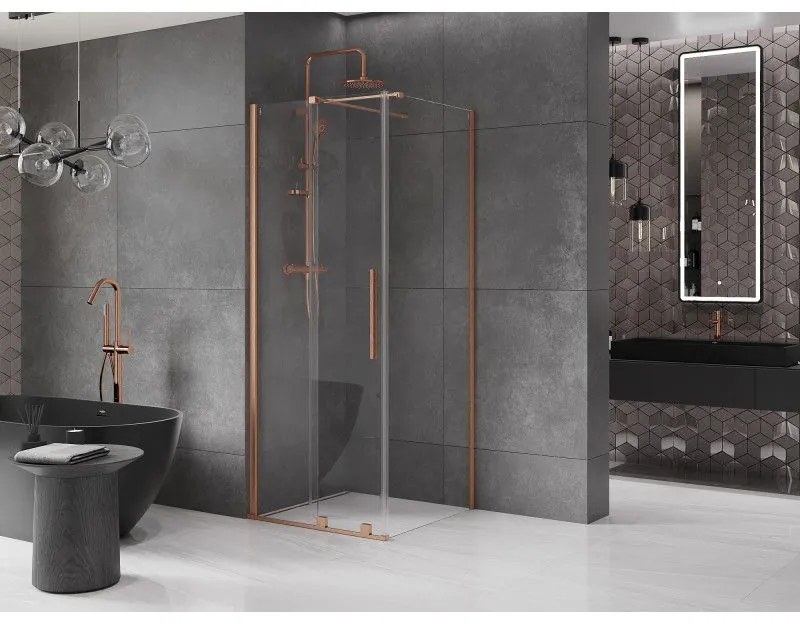 Mexen Velar, sprchový kút s posuvnými dverami 100(dvere) x 100(stena) cm, 8mm číre sklo, medená matná, 871-100-100-01-65