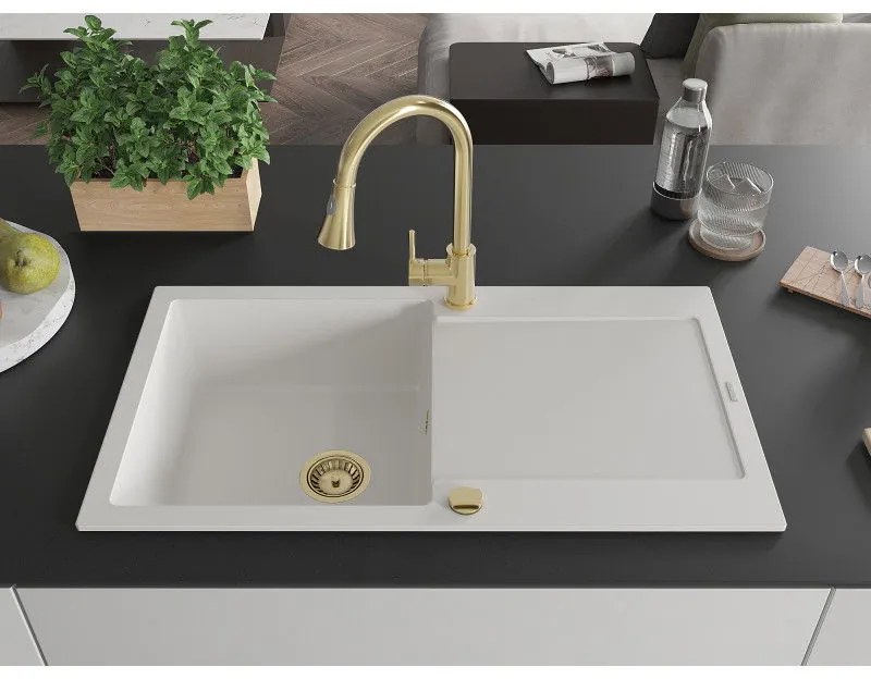 Mexen Leo, 1-komorový granitový drez 900x500x190 mm a drezová batéria Elia, biela, 6501-20-670101-50