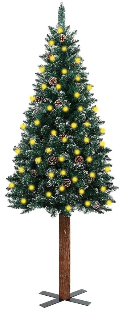 Úzky vianočný stromček s LED, drevom a snehom zelený 210 cm 3077764