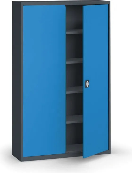 Plechová policová skriňa na náradie KOVONA, 1950 x 1200 x 400 mm, 4 police, grafit/modrá