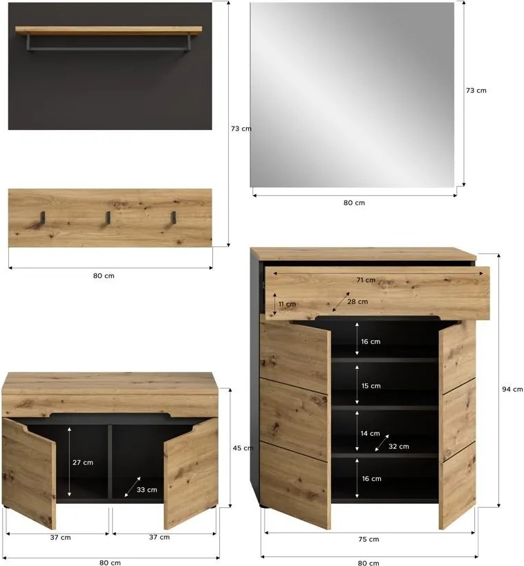 Predsieňová zostava Cano (5-dielna), šedá/dub artisan