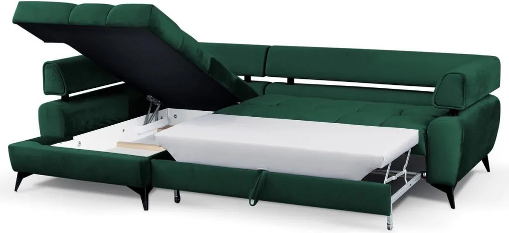 Rohová sedacia súprava Paris, tmavo zelená látka, ľavý roh