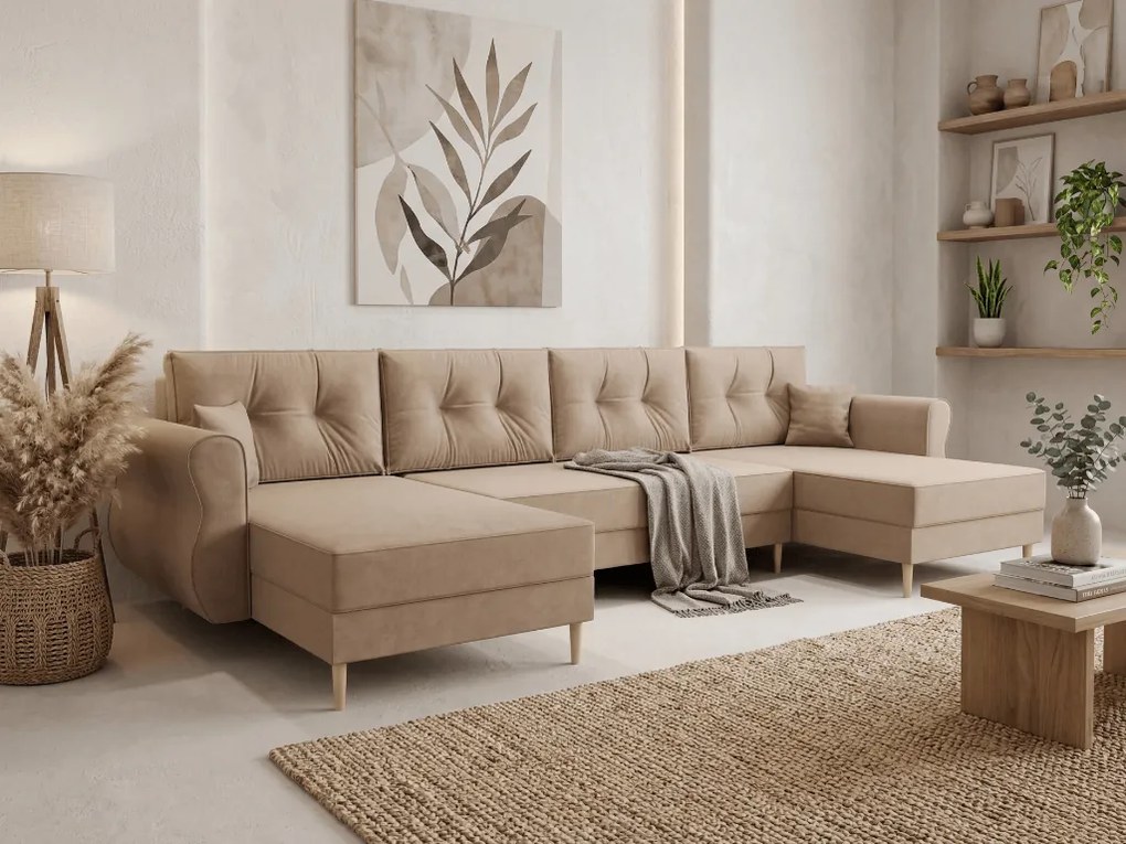 Rozkladacia sedacia súprava do U SILVIANO 300x140 cm, béžová + 2 vankúšiky ZDARMA