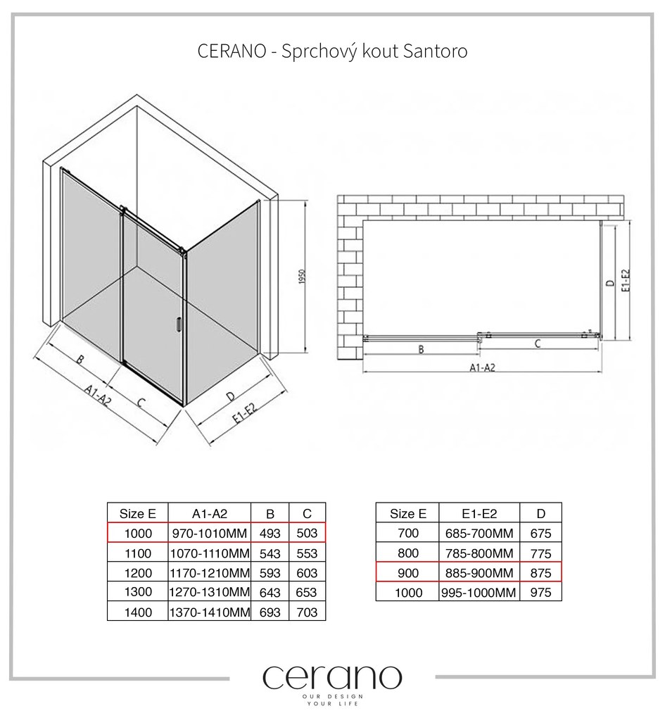 Cerano Santoro, sprchovací kút s posuvnými dverami 100(dvere) x 90(stena) x 195 cm, 6mm šedé sklo, čierny profil, CER-CER-425098