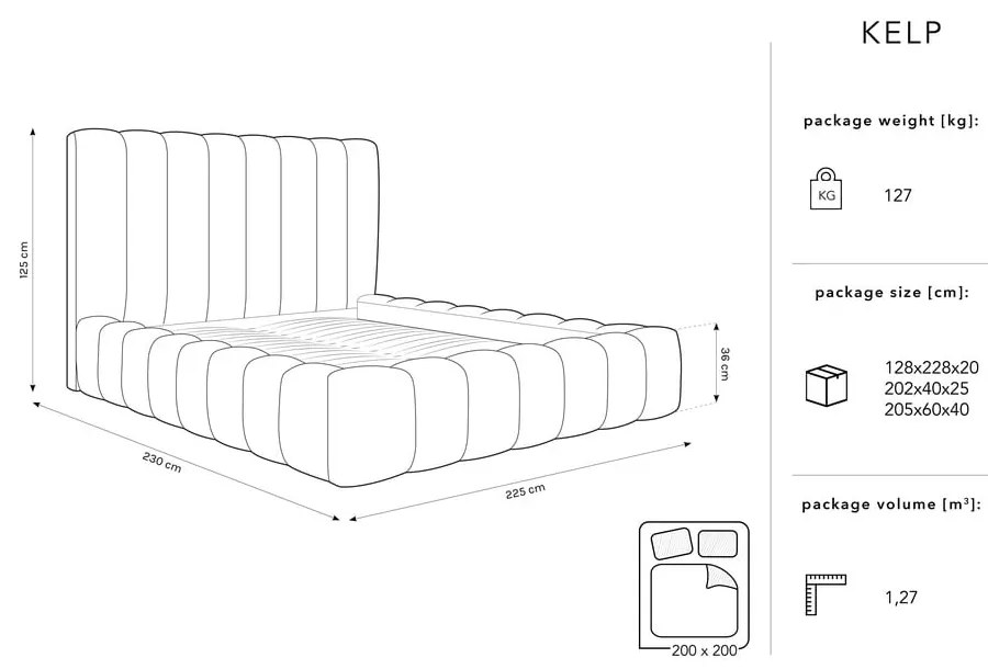 Svetlosivá čalúnená dvojlôžková posteľ s úložným priestorom s roštom 200x200 cm Kelp – Micadoni Home